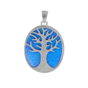 Blue Fire Opal Oval Pendant with Sterling Silver Tree of Life